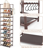 LANTEFUL 10 Tiers Tall Shoe Rack 20-25 Pairs Boots Organizer Storage Sturdy Narrow Shoe Shelf for Entryway, Closets with Hooks, Brown