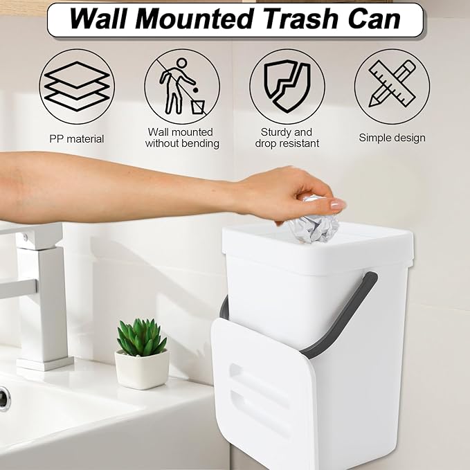 Compost Bin Kitchen, Bring 5 Rolls (100) of Garbage Bags, for Use on Countertops or Under Sinks, Hanging Trash Can with Lid, for Cupboard/Bathroom/Bedroom/Office/Camping(White 0.8 Gallon/3L)
