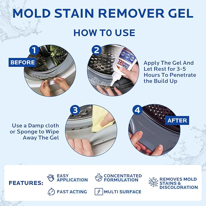 Mold Stain Remover Gel :Use on Washing Machine Gasket,Sink,Shower and Bathroom Grout - Front Load Washer Cleaning Solution,Heavy Duty Stain - 6.76 Fl oz