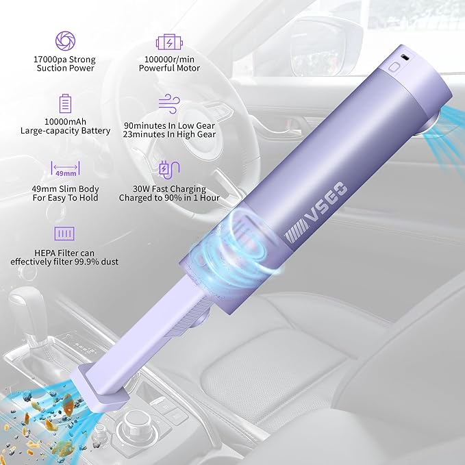 VSGO Cordless Car Vacuum, Compressed Electric Air Duster 17000Pa Suction, 5-in-1 Portable Mini Small Handheld Vacuum, UP to 90 Mins Runtime for Car, Desk, Computer, Keyboard, Home Cleaning (Purple)
