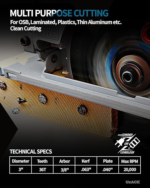 3-Inch 36-Tooth Circular Saw Blade with 3/8-Inch Arbor, Ultra Finish General Purpose Cutting, Carbide Tip, Thin Kerf, for Plywood, MDF, OSB, Laminated, Plastic, Thin Aluminum, 3 Pack