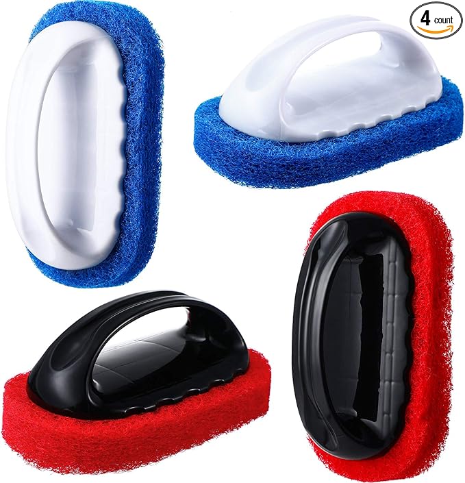 BBTO 4 Pack Teak Brush Cleaner with Handle Teak Cleaning Brush Cleaning Scrub Scouring Pads Scrubbers for Simple Easy Polishing Refinishing Clean up Boat Accessories