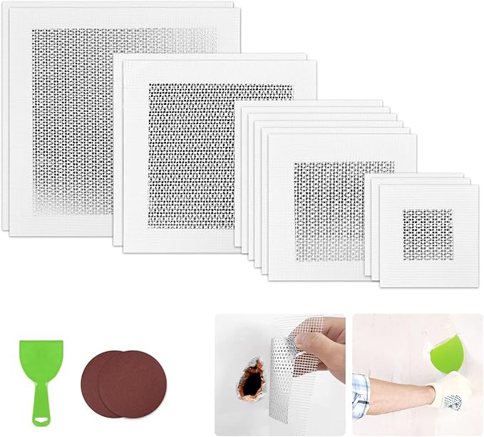 Drywall Repair Kit, 2/4/6/8Inch Drywall Patch Kit Self Adhesive Aluminum Plasterboard Wall Patches Quick Fix Plaster Wall with Scraper for Plaster Roof Drywall Crack Repair (16Pcs Kit)