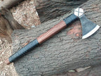 Kacha Store | custom handmade Viking medieval Axe with Viking gift,Hand Axe,Viking Gifts for Men,Camping Tomahawk,Bearded,Valhalla Axe with Leather Sheath (Battle axe) (Valhalla)