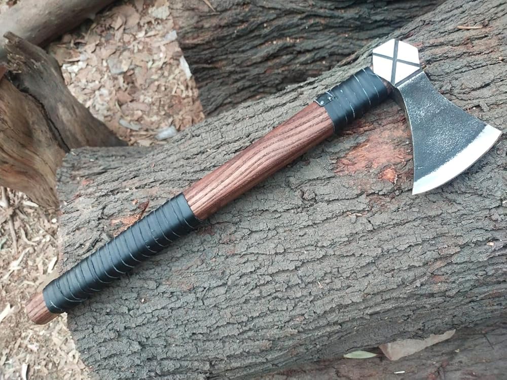 Kacha Store | custom handmade Viking medieval Axe with Viking gift,Hand Axe,Viking Gifts for Men,Camping Tomahawk,Bearded,Valhalla Axe with Leather Sheath (Battle axe) (Valhalla)