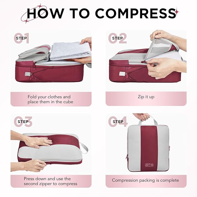 8 Set Compression Packing Cubes for Travel Essentials,Compressible Expandable Packing Cubes for Suitcase,OlarHike Luggage Organizer Bags for Travel,Handy Helper for Organizing Clothes(Wine Red)