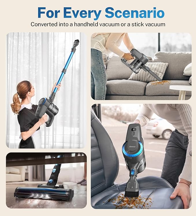 DEVOAC Cordless Vacuum Cleaner, Ultra-Lightweight Stick Vacuum, 2200mAh Battery Up to 40mins Runtime, 6 in 1 Powerful Handheld Vacuum for Home Hard Floor Carpet Pet Hair (Sky)