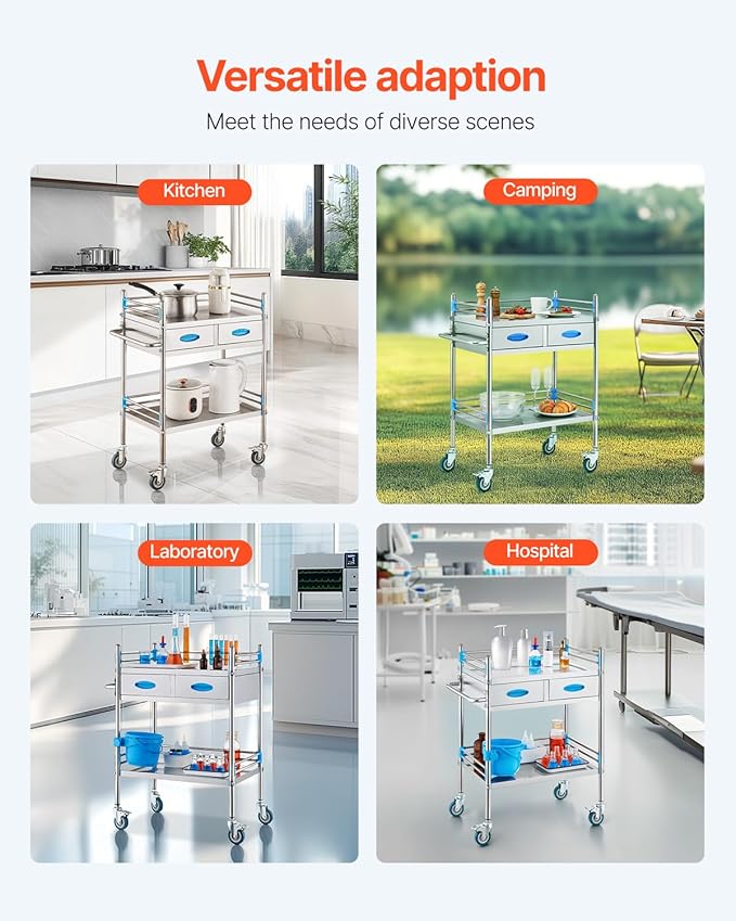 VEVOR Stainless Steel Utility Cart, 2 Layers with Two Lockable Wheels, Ideal for Laboratory, Hospital, Dental Use