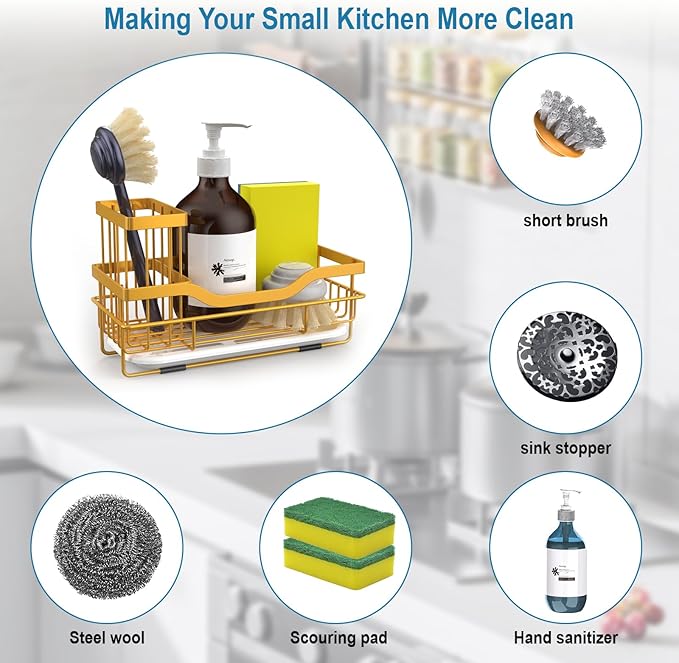 Vanwood Sponge Holder for Kitchen Sink Caddy Organizer With Brush Holder & Drain Tray, Rustproof Dish Soap Caddy for Counter - Storage & Home Accessories