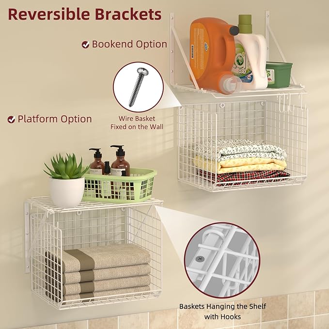 2 Pack Laundry Room Shelves Wall Mounted with Wire Baskets, Over the Washer and Dryer Shelf with Clothes Drying Rack, 8 Hooks，Wire Shelves Baskets for Laundry Closet Organization and Storage, White