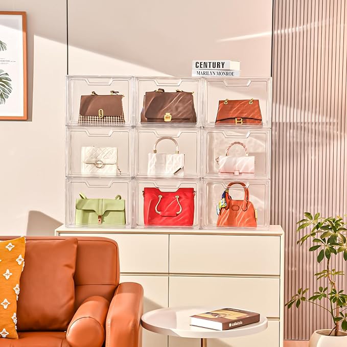 Stackable Storage Bins,Clear Acrylic Display Case, Acrylic Boxes with Lids, Stackable Storage for Handbags & Purse, Magnetic Lid Storage Bins for Home Organization-1 Pack