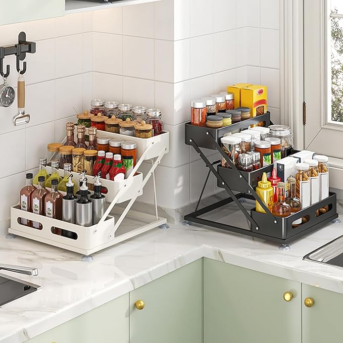 Bokelai Spice Rack 3 Tier Foldable Seasoning Organizer Jars Storage Holder Step Shelf for Cabinet Kitchen Countertop Pantry Coffee Bar White