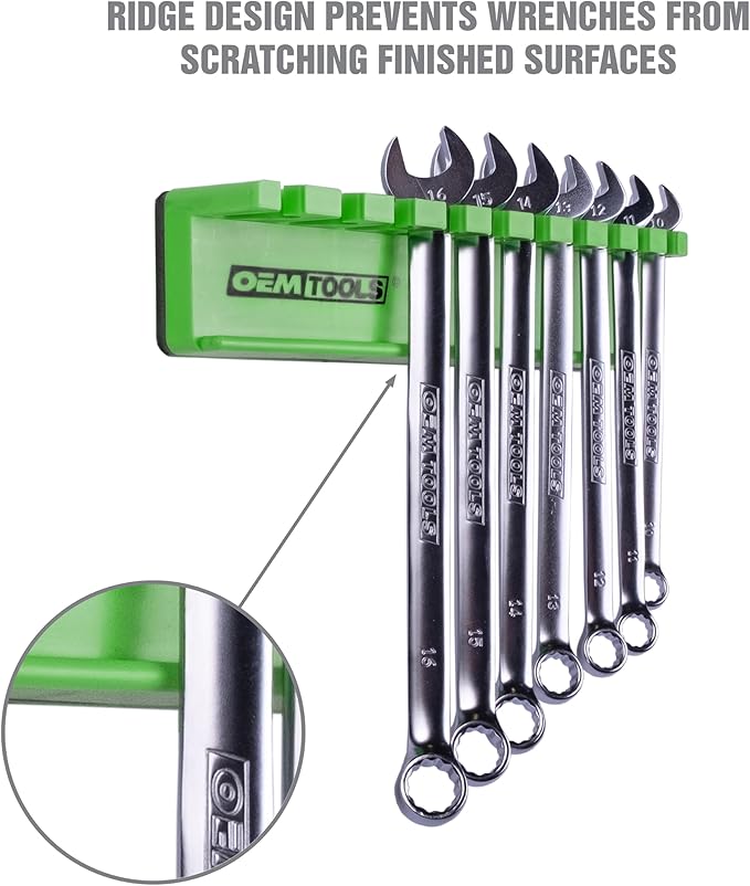 OEMTOOLS 22512 Magnetic Wrench Holder and Tool Organizer, Magnet Holds Up To 10 Wrenches To Most Metal Surfaces, SAE and Metric, 9.25 Inch Magnetic Tool Holder For Shop Or Garage, Green