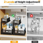 2-Pack Under Sink Storage Organizer with 2-Tier Slide Out Drawer, Sophisticated Mesh Pull Out Shelf for Kitchen & Bathroom, Fits Small Items, Upgraded Arched Track for Smooth Gliding-Black