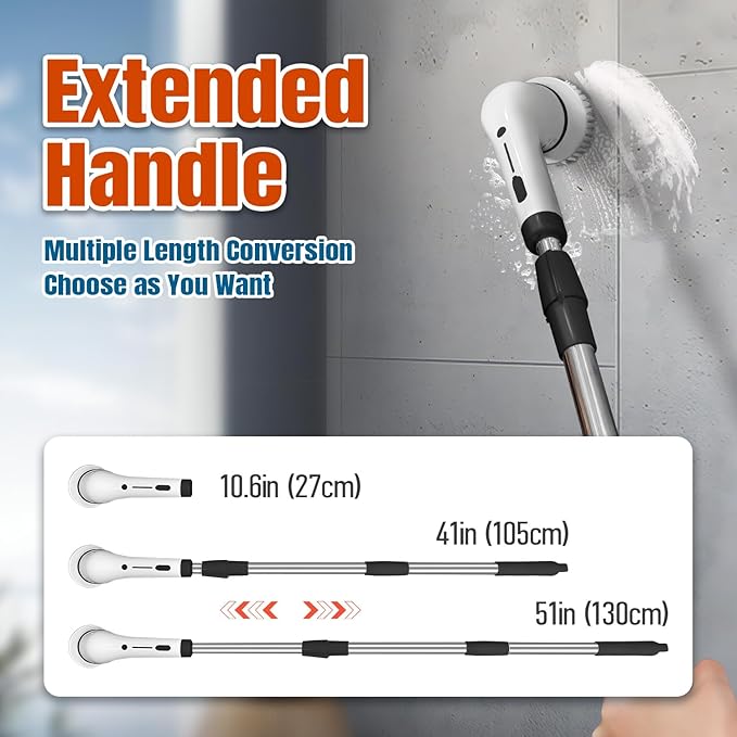 Electric Spin Scrubber, Cordless Cleaning Brush Scrubbe with Adjustable Handle and 8 Brush Heads,Two Speeds up to 450 RPM for Bathroom, Floor, and Sink Cleaning(Black)