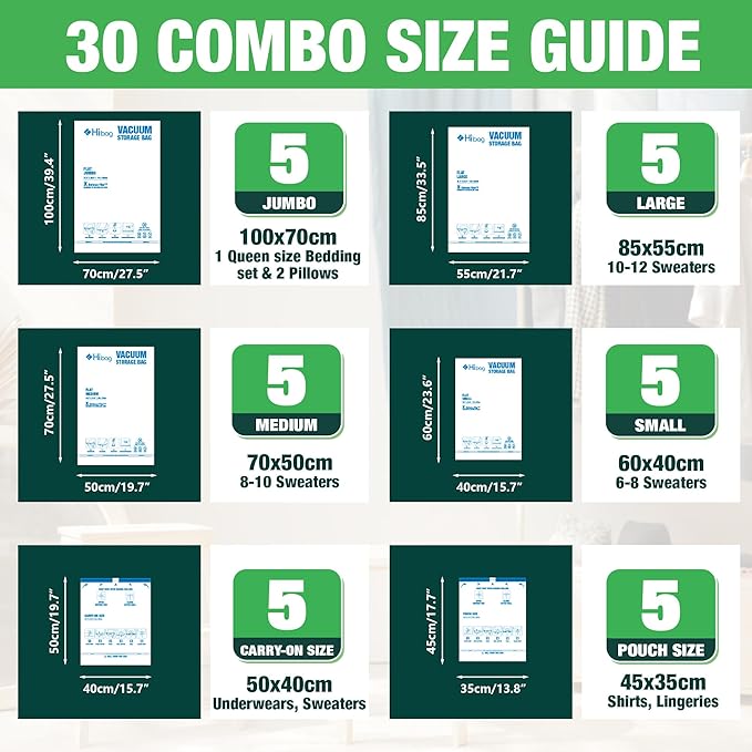 HIBAG Vacuum Storage Bags with Electric Pump, 30 Pack Vacuum Seal Space Saver Bag for Clothes, Clothing, Pillows, Blanket Bedding Comforters