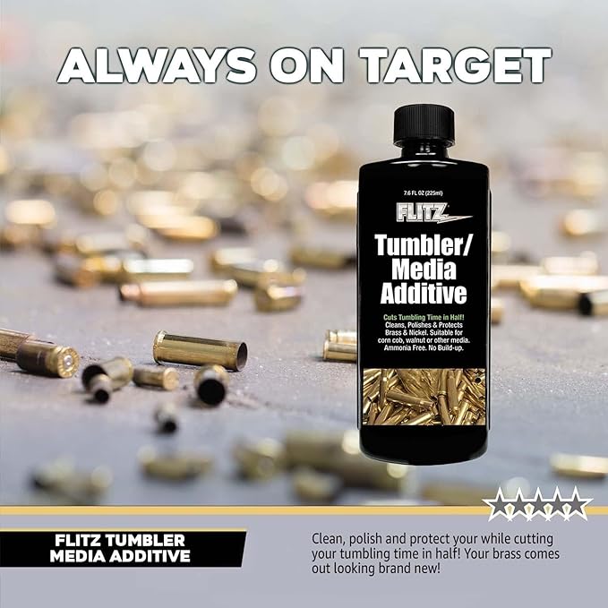 Flitz Tumbler Media Additive - 7.6oz Bottle of USA-Made Brass Cleaner Reloading Liquid for Ammo, Copper, & All Metals - Ammonia-Free Tumbling Polish to Remove Oxidation, Powder Residue (24 Pack)