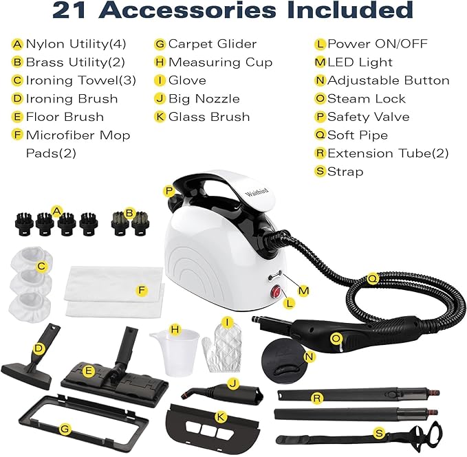 Steam cleaner, equipped with 21 specialized accessories, 1.08-liter water tank, 248°F high-temperature steam, suitable for floors, tile grout, tiles, carpets, and cars, chemical-free cleaning (White)