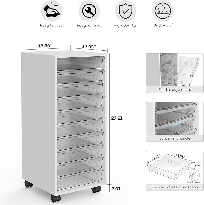 WOPITUES Plastic Storage Drawer Cart, Makeup Organizer and Storage with 10 Large Clear Drawers, Utility Wooden Rolling Cart on Wheels, for Cosmetic, Art Craft, Parts, Office Supplies, Toy, White