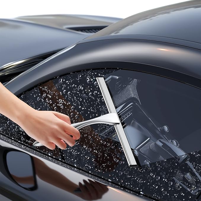 Shower Squeegee and Window Squeegee, Stainless Steel, 100% Streak-Free, Cleaner for Bathroom Showers Glass Doors, Home Mirrors, Car Windows Wiper, Adhesive Holder, Shower Door Hook, 10 Inch, Silver