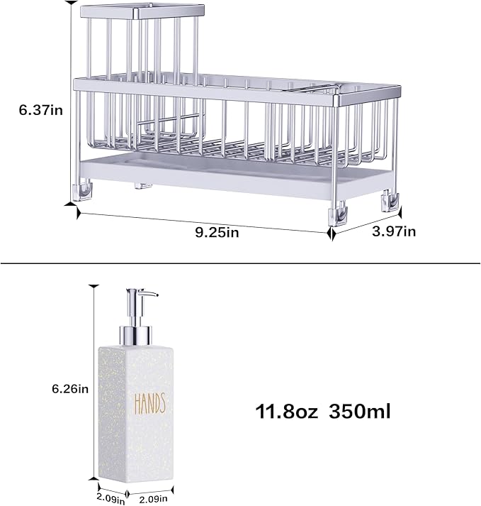 Cisily Dish Soap Dispenser, 12 fl oz Kitchen Soap Dispensers with Sponge Holder, Stainless Steel Pump Glass Kitchen Soap Dispenser Set, Hand and Dish Soap Bottle Set, Kitchen Decor Accessories