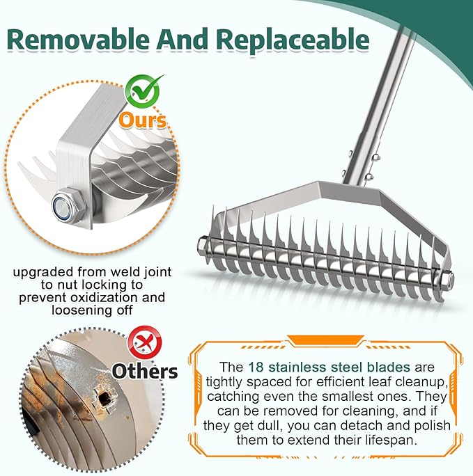 Lawn Rake for Yard, 304 Stainless Steel Thatch Rake for Lawns - Heavy Duty Dethatcher Blades with Adjustable Handle , Efficient Dethatching Rakes for Cleaning Dead Grass, Loosening Soil