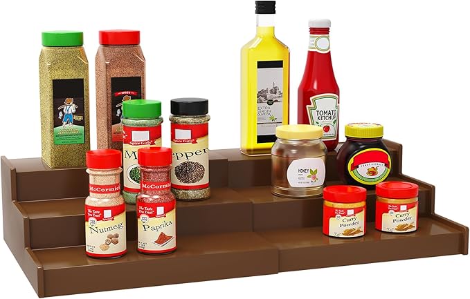Spice Rack Organizer for Cabinet, 3 Tier Expandable Bamboo Spice Storage, Great for Kitchen Cabinet, Cupboard,Pantry and More(Brown)