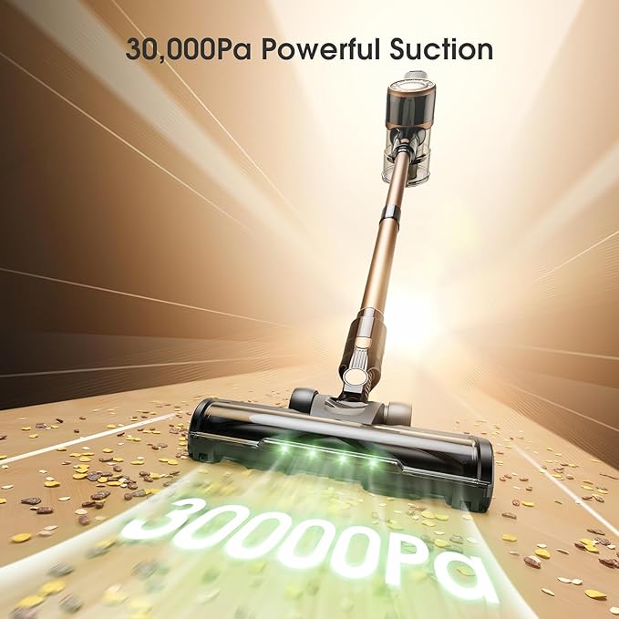 Cordless Vacuum Cleaner, 30Kpa Stick Vacuum with Anti-Tangle Brush and Green Headlight, Self-Standing, Up to 45Mins Runtime, Wireless Vacuum Cleaner for Pet Hair, Carpet, Hard Floor, Home