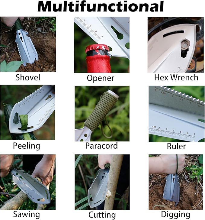 2 Pack Samll Survival Shovel, 9 in 1 Mini Camping Shovel, Ultralight Backpacking Trowel Shovel, Backpacking Gear for Hiking, Camping and Survival Bags (Silvery)