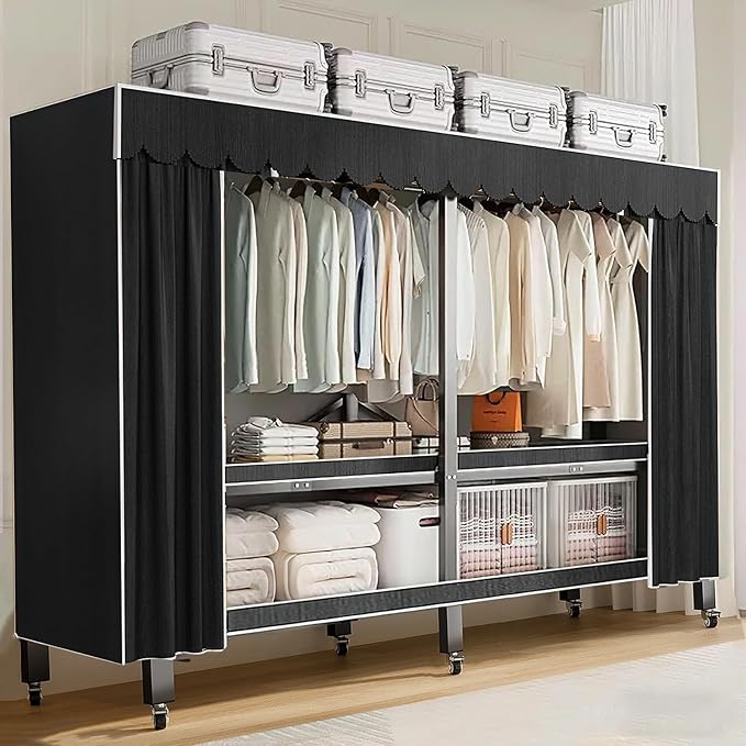 75in Heavy Duty Portable Closet with Cover 1200Ibs Foldable Covered Clothes Rack for Hanging Armoire Wardrobe Closet System Freestanding Coat Storage Garment Racks (190cm/74.8in（black）)