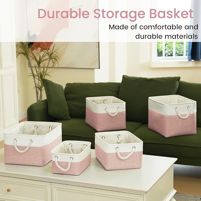 Storage Baskets for Shelves 11.8x7.9x5.2 Inch-Foldable Fabric Organizing Storage Bins with Handles, Closet & Bathroom Organizer, Home Storage for Kitchen, Office (3-Pack, White&Pink)