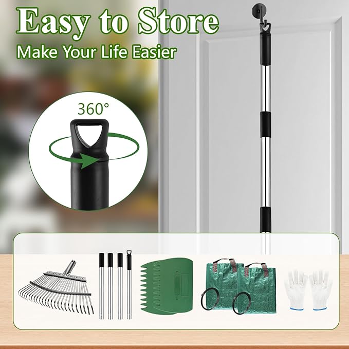 Remiawy Rake for Leaves, 65 Inch Adjustable Long Handle Heavy Duty Metal Garden Leaf Rake Set with 25 Tines, 72 Gallon 32 Gallon Reusable Garden Bag and Scoops for Lawns Yard Shrubs Grass Debris