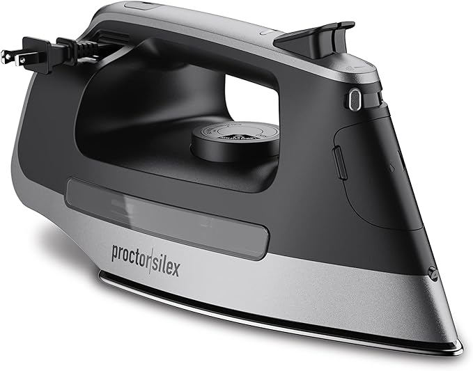Proctor Silex Steam Iron for Clothes with Durable Stainless Steel Soleplate, 1500 Watts, 8’ Retractable Cord, 3-Way Auto Shutoff, Anti-Drip, Gray and Black (14250)