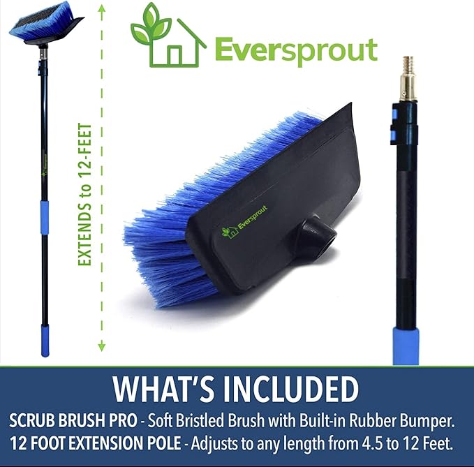 EVERSPROUT 5-to-12 Ft Car Brush with Rubber Bumper, Lightweight Extension Pole Handle, Soft Bristles Car Wash Brush, RV Wash Brush, Truck Wash Brush, Boat Brush, Solar Panel Cleaning Brush and Pole