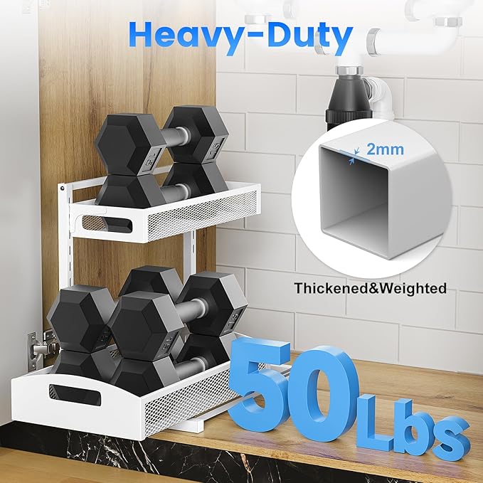 Metal Under Sink Organizer, Pull Out Cabinet Organizer Rack with Silk-Smooth Bottom Drawer, 5-Level Adjustable, Multi-Purpose Storage Shelf for Bathroom, Kitchen, Vanity, Pantry (2-Pack)