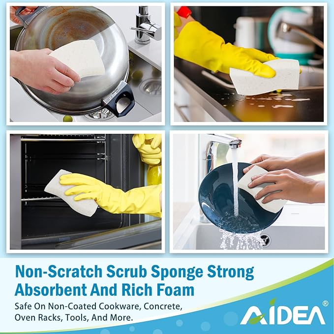 AIDEA Non-Scratch Scrub Sponge-24Count, Sponges Kitchen, Natural Sponge for Non-Stick Cookware, Cellulose Sponges for Dishes, Cleaning Power for Kitchen, Bathroom, Household