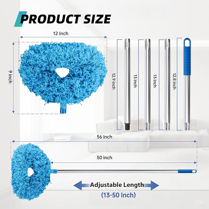 DRQ Ceiling Fan Cleaner Duster, 2 Pack Reusable Microfiber Duster with Extension Pole, 13 to 50 Inch Fan Blade Cleaner, Removable Dusters for Cleaning Walls Bookshelves Door Window Top (Blue Pink)