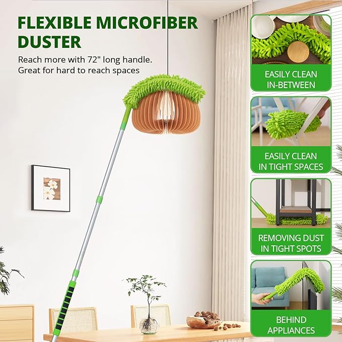 Ceiling Fan Cleaner Duster with 6 Ft/72'' Extension Pole High Ceiling Fan Blade Cleaning Tool Microfiber Duster Reusable Pads for Cleaning Ceiling Fan, Baseboard, Blind, Cobweb, Molding