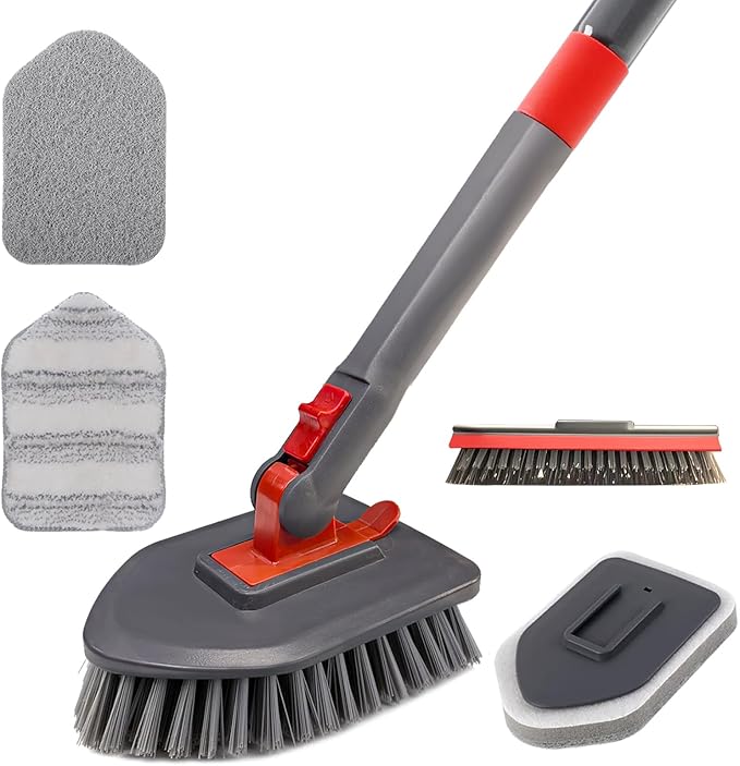 Tile Tub Scrubber Brush No Scratch with 4 Different Function Cleaning Heads and 51" Long Handle- Shower Scrubber for Cleaning Bathroom Kitchen Toilet Wall,Bathtub,Sink，Floors, Walls, mats, Ceilings
