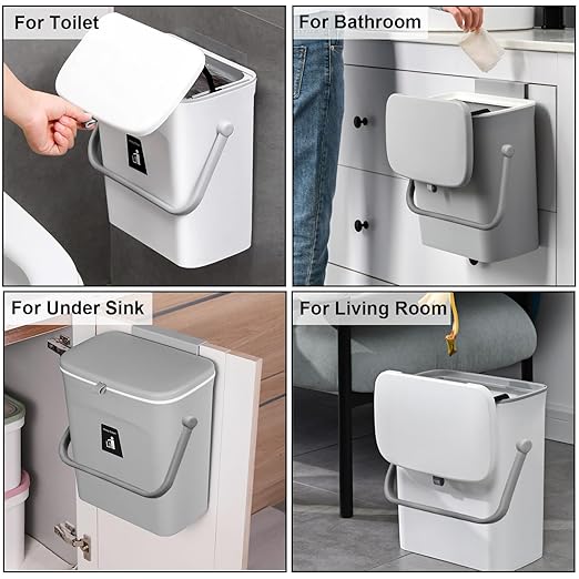LALASTAR Kitchen Compost Bin for Countertop or Under Sink, Hanging Small Trash Can with Lid for RV/Office/Bedroom/Dorm, Mountable Indoor Compost Bucket, 9L/2.4 Gal, Grey