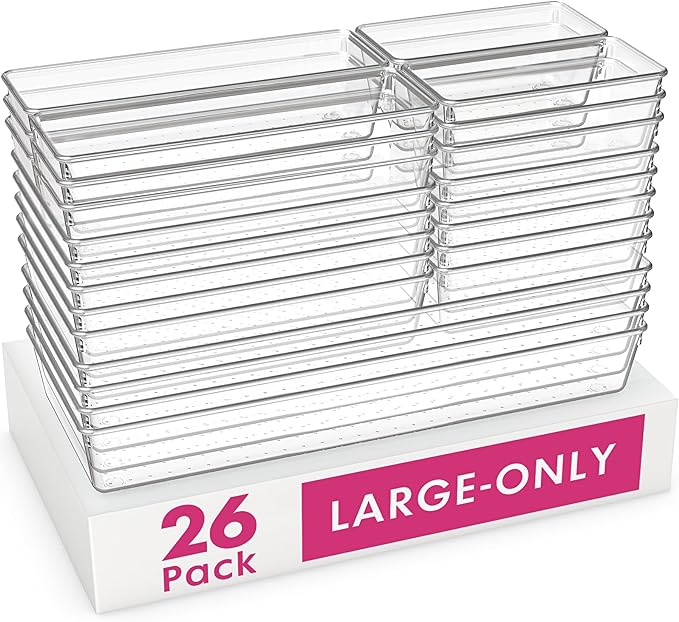 Criusia 26 Pack Large Clear Plastic Drawer Organizer Bins -5 Size Heavy Duty Acrylic Kitchen Drawer Organizers and Storage for Utensils -Bathroom Drawer Organizer Trays for Makeup Office Organization