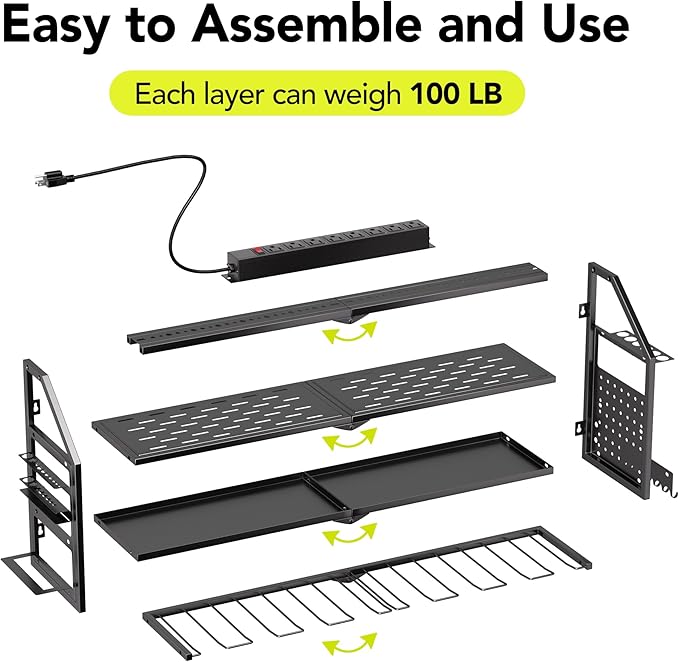 Power Tool Organizer Wall Mount with Charging Station, 8 Drill Holder with 8-Outlet Power Strip, Garage Cordless Drill Storage and Organization, Battery Utility Rack