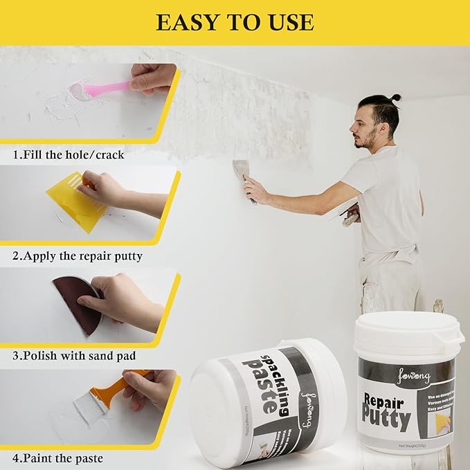 fowong Drywall Repair Kit, Spackle Wall Repair Putty & Paint White, Easy to Fix Wall Holes and Creak Damage with Putty (8oz) and Spackling Paste(7oz)