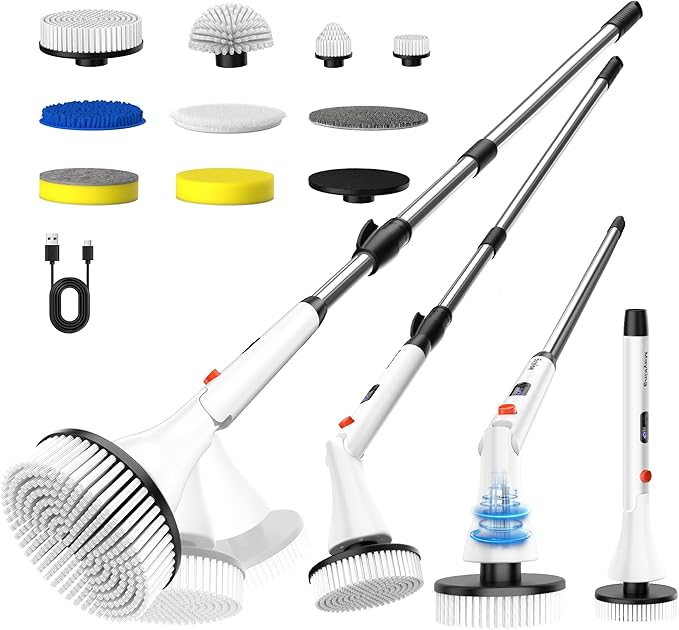 MayKing Electric Spin Scrubber with 9 Brush Heads, 3-Angle & 4-Length Adjustable Cordless Power Scrubber, 3-Speed & Battery LED Display, Electric Scrubber for Cleaning Bathroom Bathtub Floor Tiles