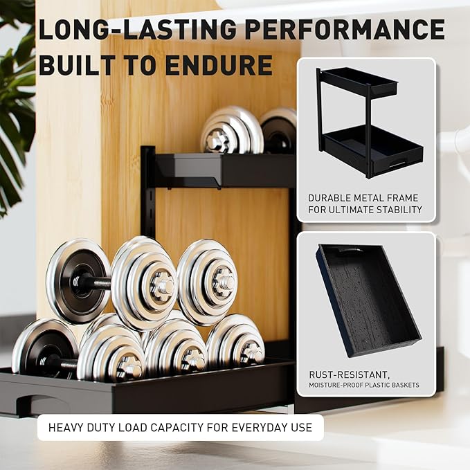 Metal Under Sink Organizers and Storage, 2 Pack Under Bathroom Sink Organizer, 2 Tier Pull out Cabinet Organizer, Adjustable Under Sink Organizer, Under Sink Storage for Bathroom, Black