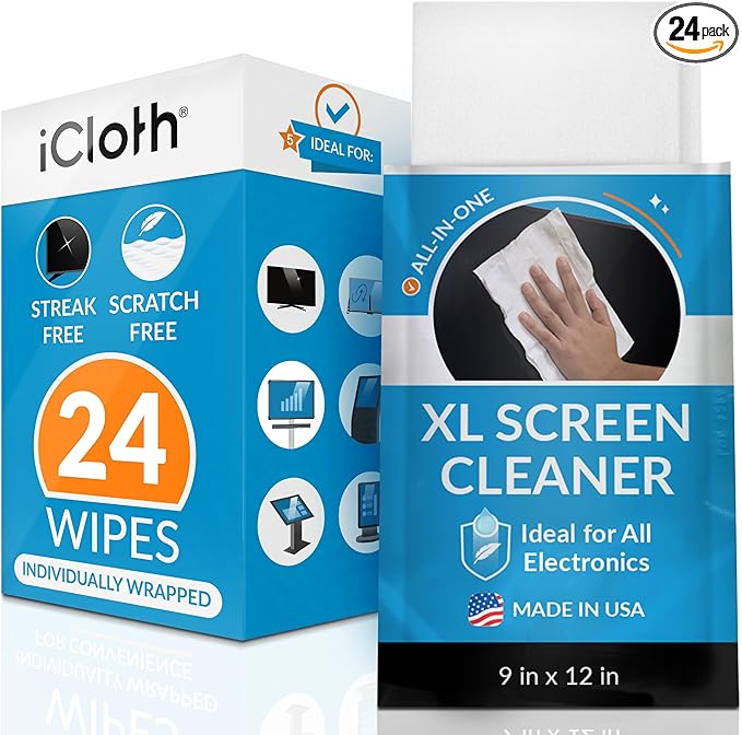 iCloth XL Screen Cleaning Wipes, Lint-Free and Streak-Free, Fast-Drying, Removes Dust, Fingerprints, and Smudges (24 XL Wipes)