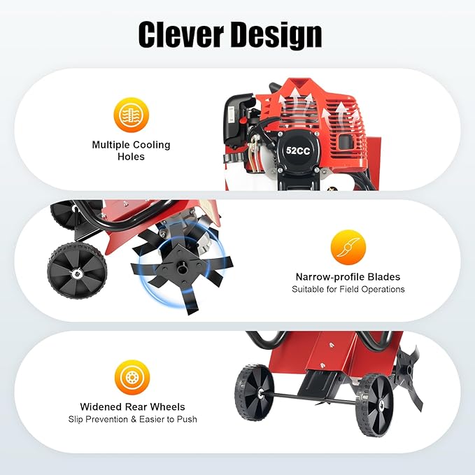 Gas Powered Tiller Cultivator 52cc 2 Stroke Gas Garden Tiller with Hand-Pull Recoil and 1.9KW 6500-7000RPM Gasoline Engine, for Plowing/Tilling/Furrowing