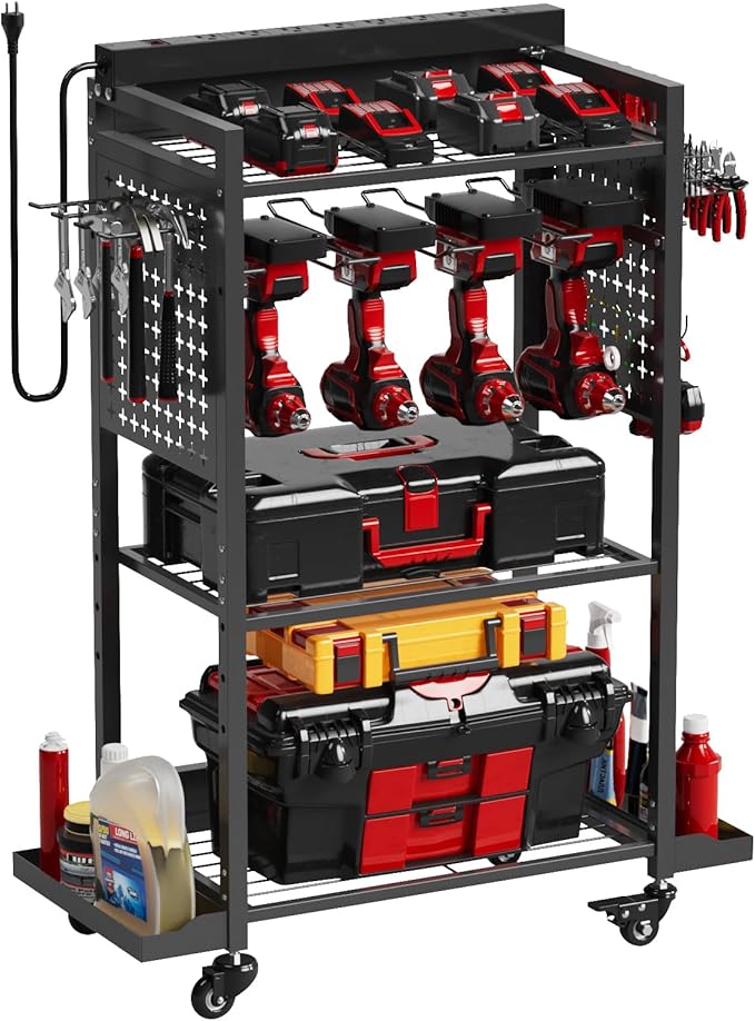 Power Tool Organizer Cart with 8 Power Outlet & Adjustable Storage, Garage Workshop Tool Box Cart, Gifts for Men