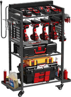 Power Tool Organizer Cart with 8 Power Outlet & Adjustable Storage, Garage Workshop Tool Box Cart, Gifts for Men