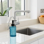 12Oz Small Glass Soap Dispenser with Black Plastic Pump, Blue Refillable Kitchen Countertop Liquid Hand Soap Dispensers with Diamond Design, Crystal Bathroom Lotion Bottle for Dispense Dish Soap